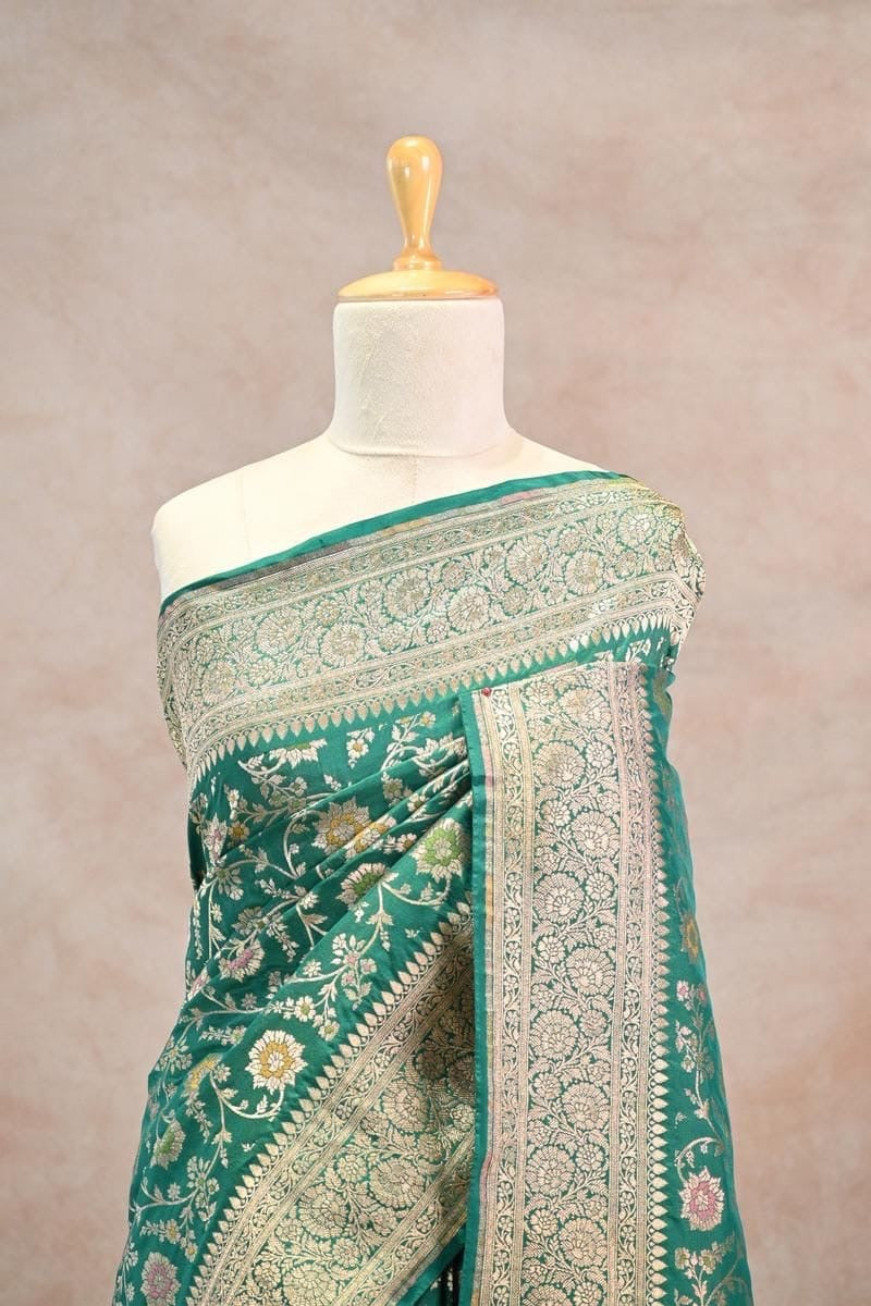Green Banarasi Semi Kataan Silk Saree with Golden Zari