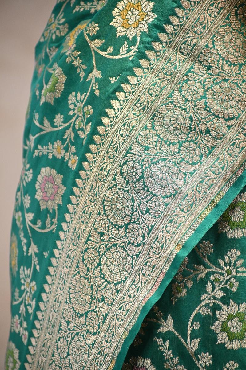 Green Semi Kataan Silk Banarasi Saree with Gold Zari Border