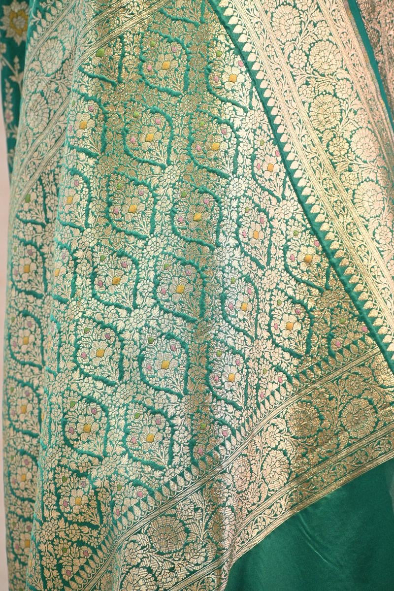 Green Banarasi Semi Kataan Silk Saree with Golden Zari