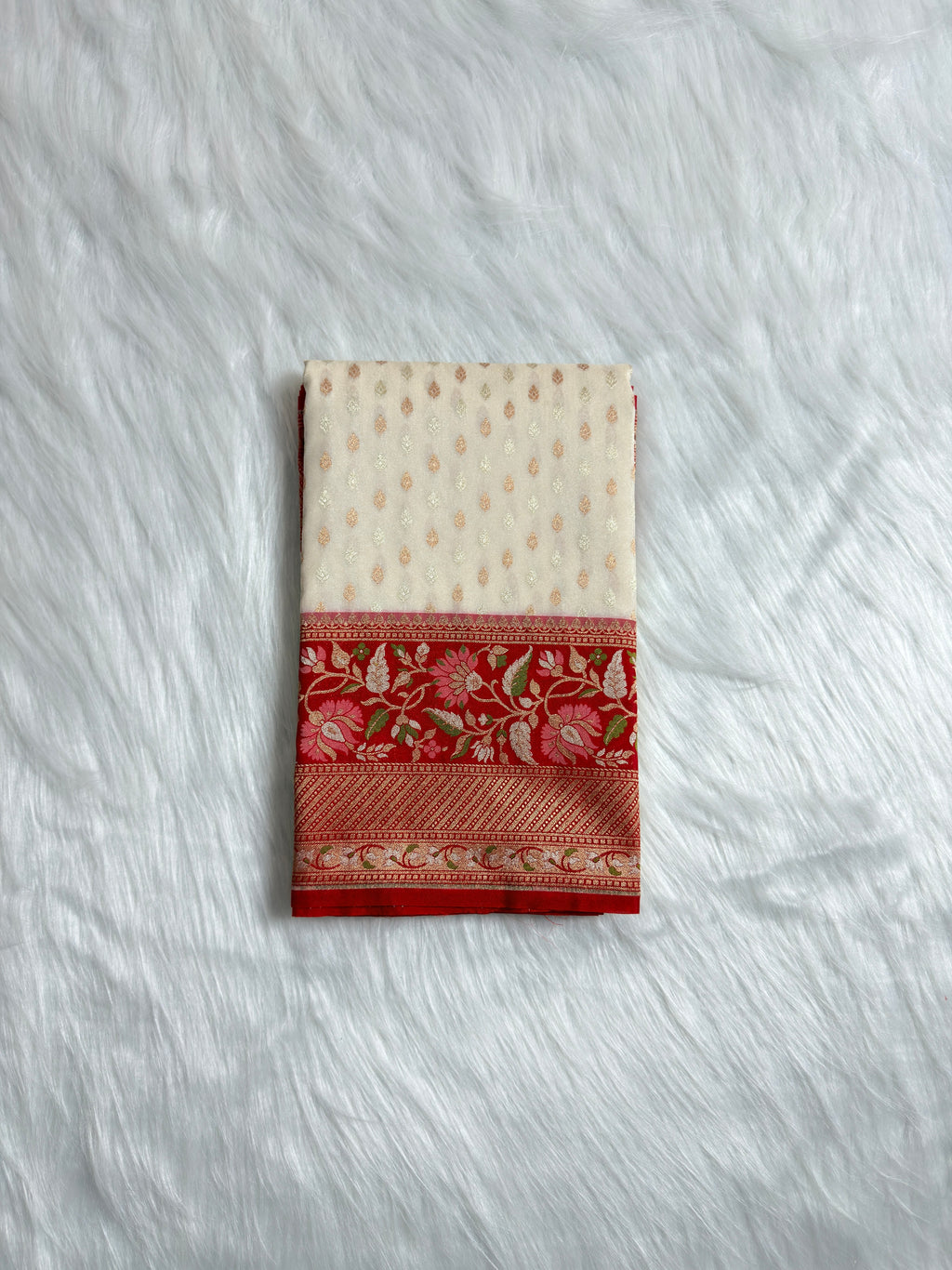 Semi Kataan Silk Banarasi Saree with Multi Meena Border & Booti in Pot
