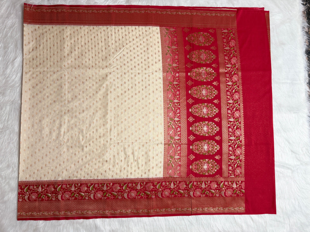 Semi Kataan Silk Banarasi Saree with Multi Meena Border & Booti in Pot