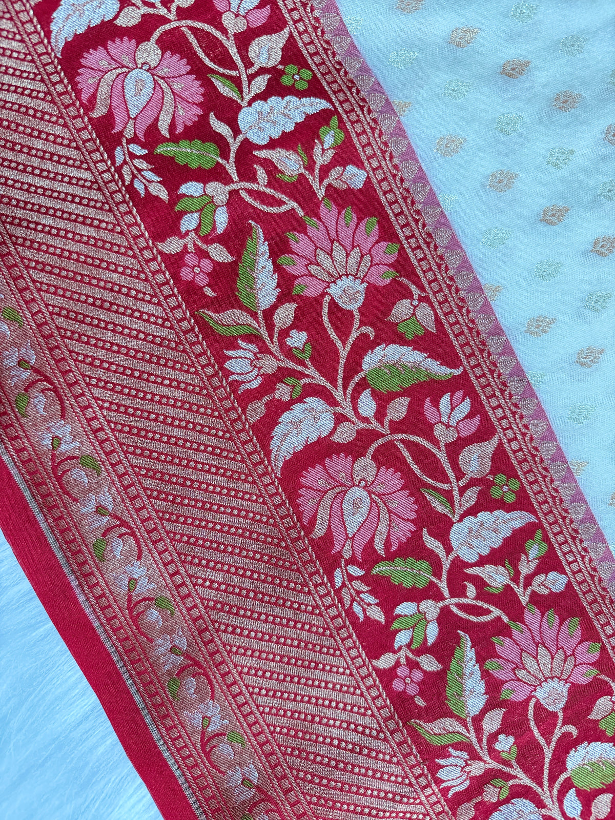Semi Kataan Silk Banarasi Saree with Multi Meena Border & Booti in Pot