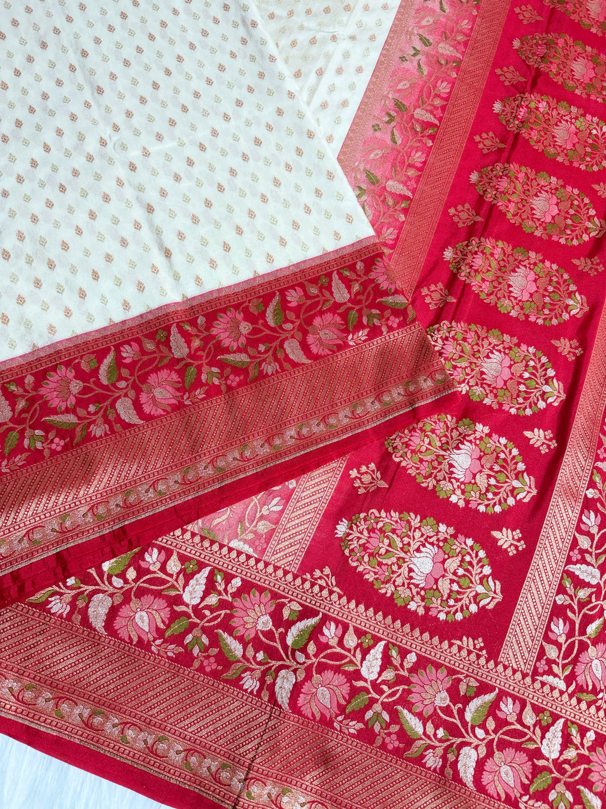 Semi Kataan Silk Banarasi Saree with Multi Meena Border & Booti in Pot