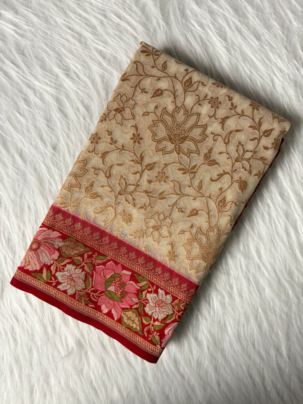 Beige Colour Kora Banarasi Saree with Red Kadhiyal Multi Meena Border & Sona Rupa Zari Work