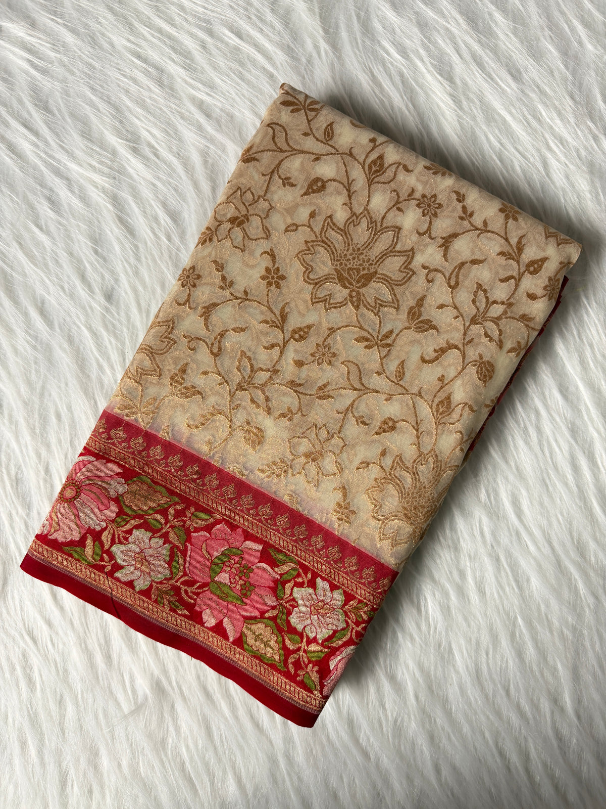 Beige Colour Kora Banarasi Saree with Red Kadhiyal Multi Meena Border & Sona Rupa Zari Work