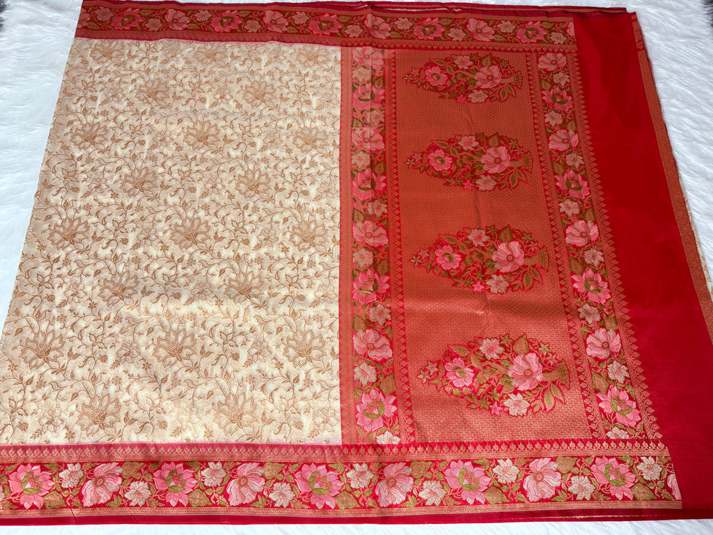 Beige Colour Kora Banarasi Saree with Red Kadhiyal Multi Meena Border & Sona Rupa Zari Work
