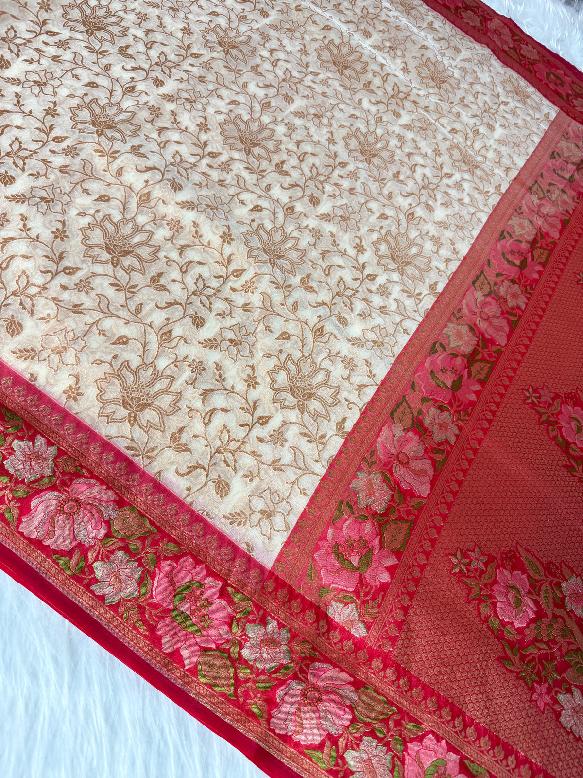 Beige Colour Kora Banarasi Saree with Red Kadhiyal Multi Meena Border & Sona Rupa Zari Work