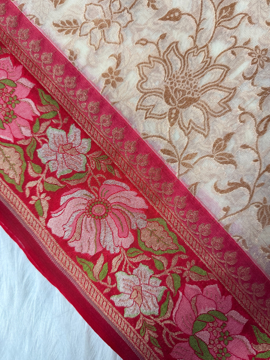 Beige Colour Kora Banarasi Saree with Red Kadhiyal Multi Meena Border & Sona Rupa Zari Work