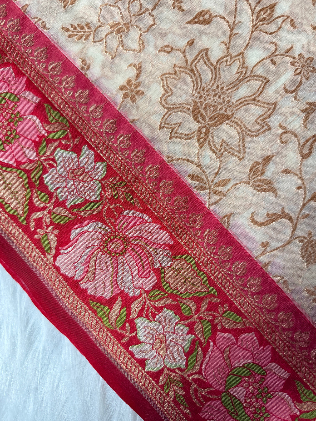 Beige Colour Kora Banarasi Saree with Red Kadhiyal Multi Meena Border & Sona Rupa Zari Work