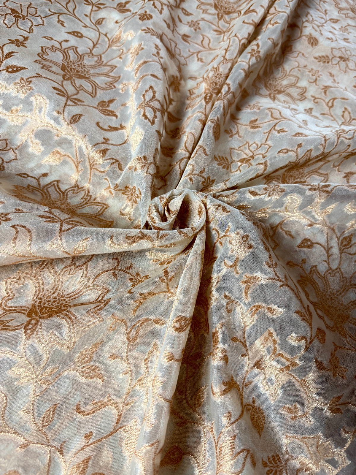 Beige Colour Kora Banarasi Saree with Red Kadhiyal Multi Meena Border & Sona Rupa Zari Work