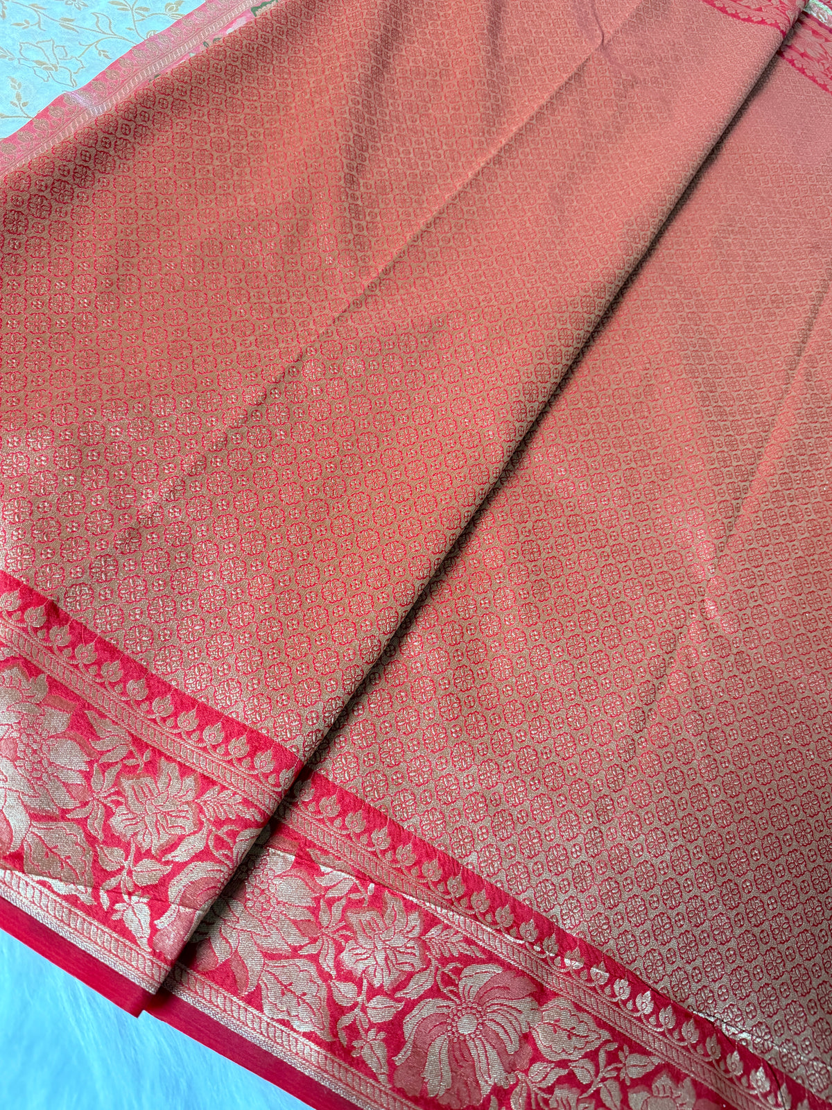Beige Colour Kora Banarasi Saree with Red Kadhiyal Multi Meena Border & Sona Rupa Zari Work
