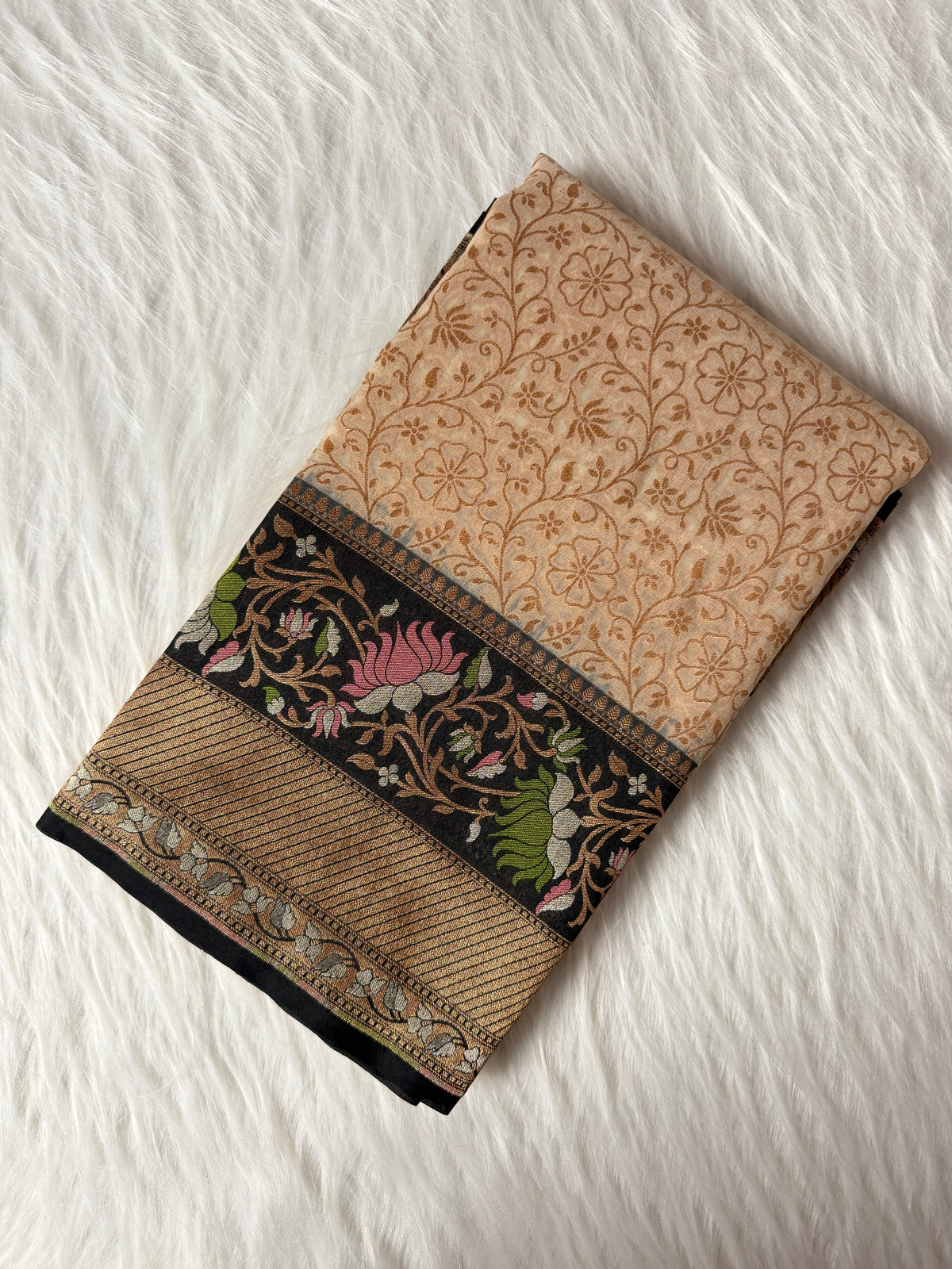 Beige Colour Kora Banarasi Saree with black Kadhiyal Multi Meena Border & Sona Rupa Zari Work