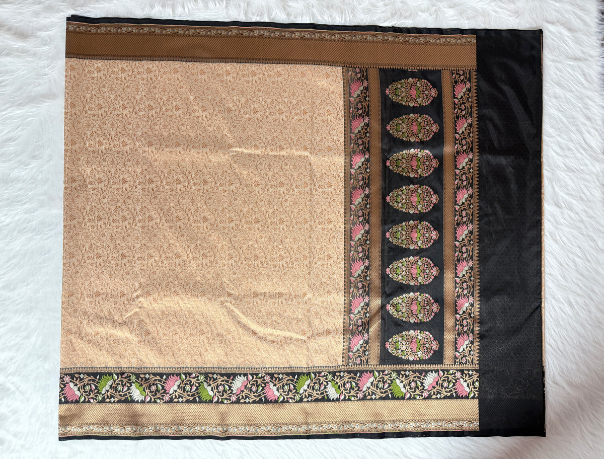 Beige Colour Kora Banarasi Saree with black Kadhiyal Multi Meena Border & Sona Rupa Zari Work