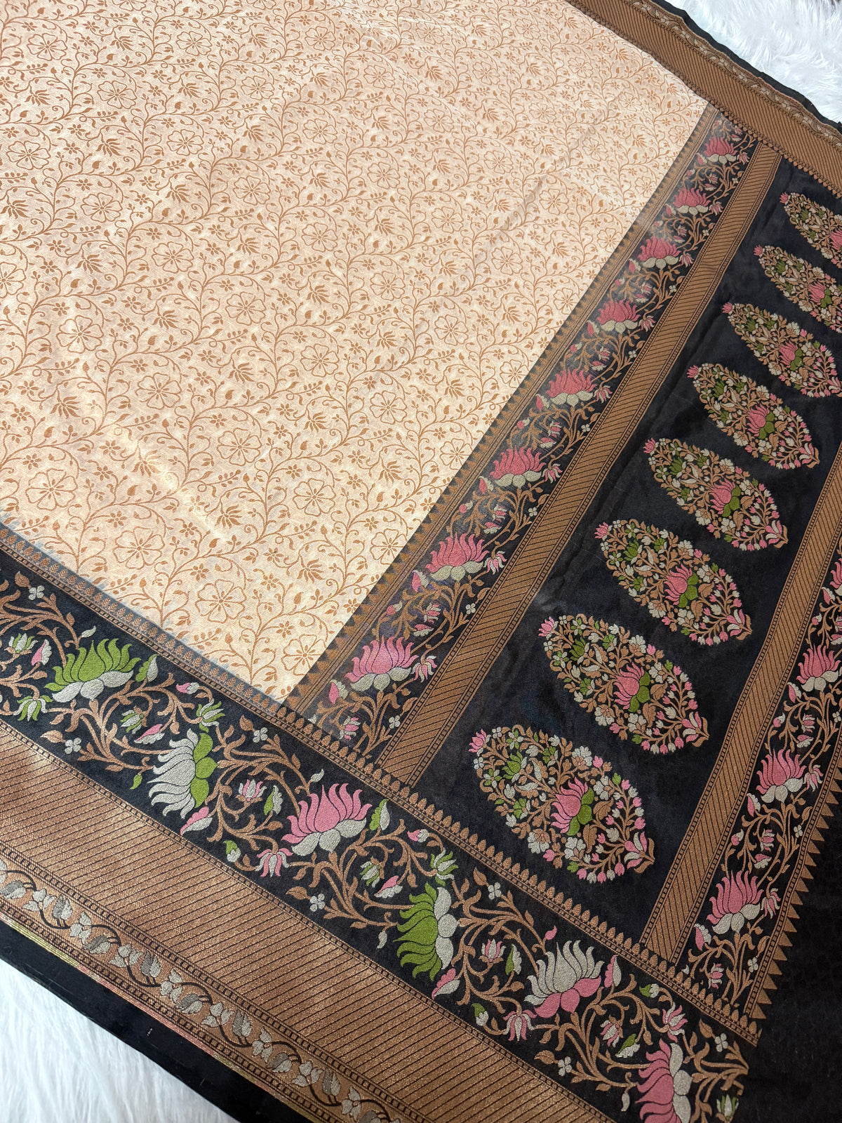 Beige Colour Kora Banarasi Saree with black Kadhiyal Multi Meena Border & Sona Rupa Zari Work