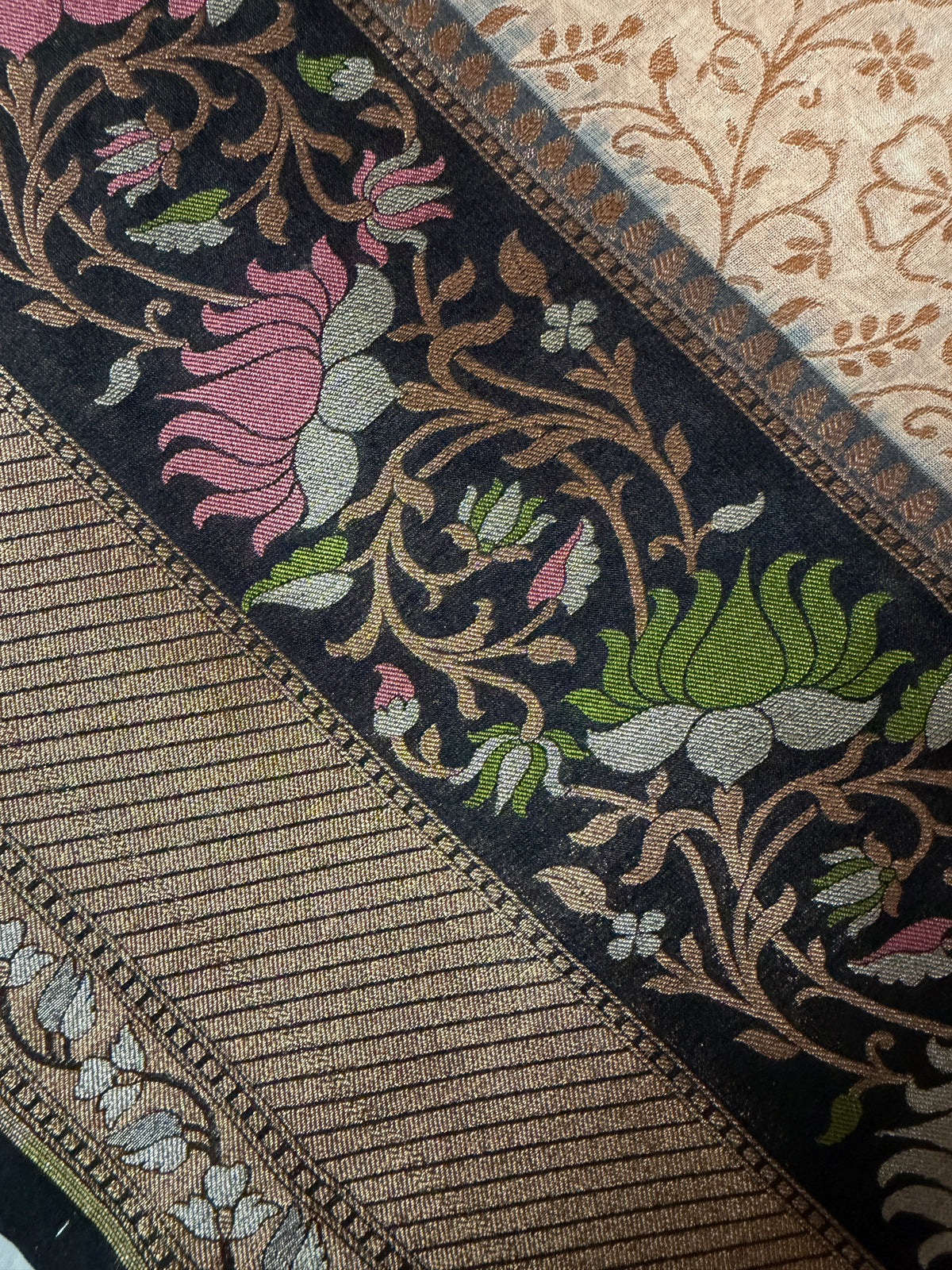 Beige Colour Kora Banarasi Saree with black Kadhiyal Multi Meena Border & Sona Rupa Zari Work