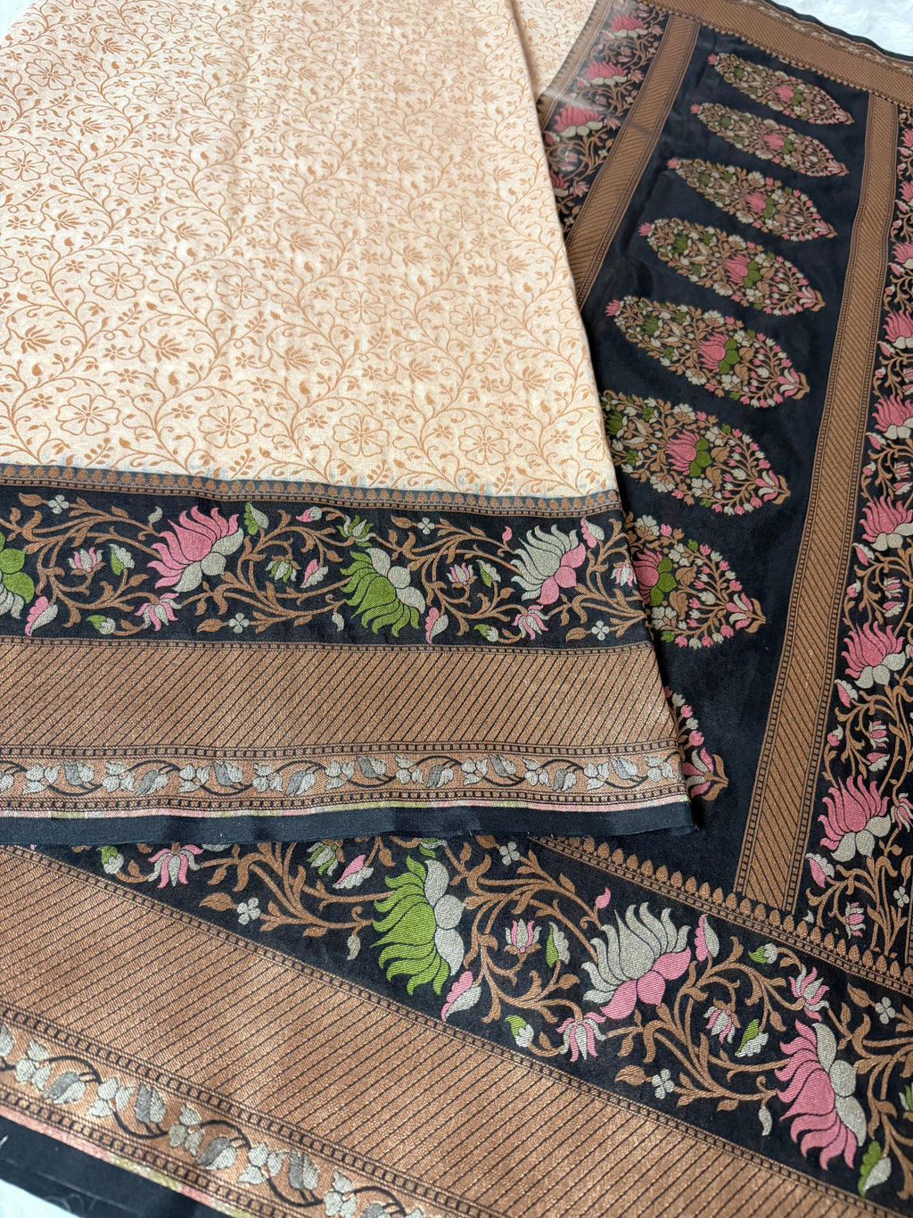 Beige Colour Kora Banarasi Saree with black Kadhiyal Multi Meena Border & Sona Rupa Zari Work