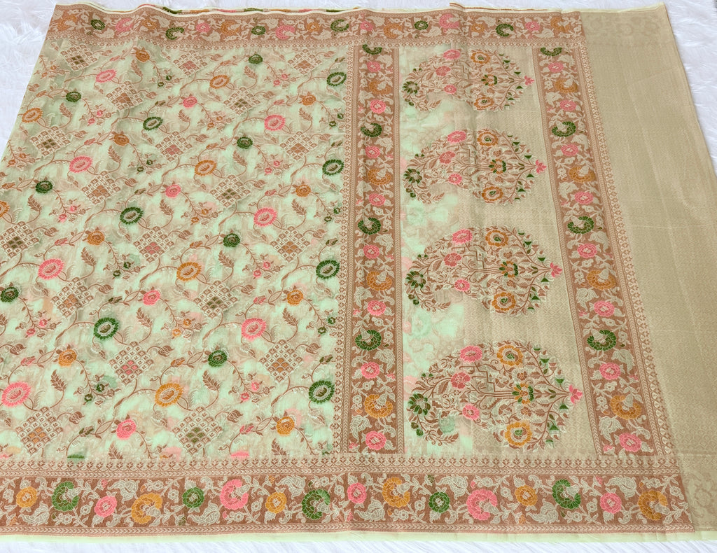 Pista Green Kora Jamdani Saree with Sona Rupa Zari Work & Traditional Pallu