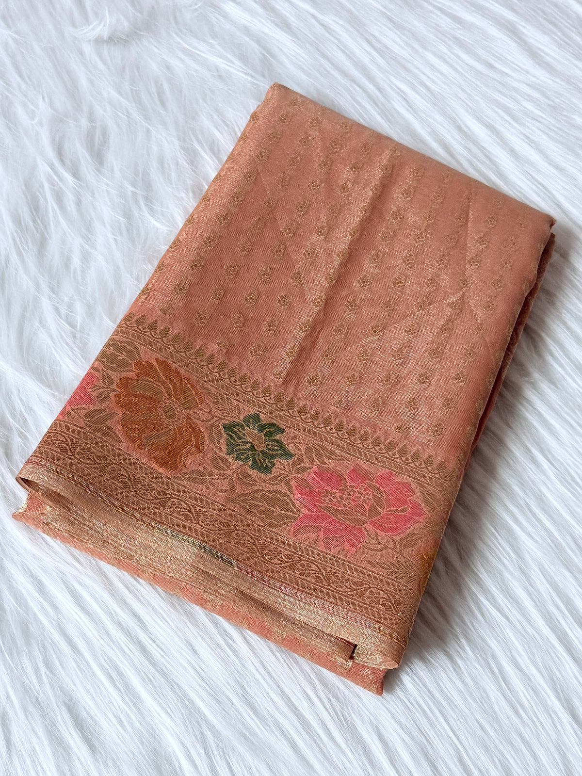 Peach Colour Kora Tissue Buti Saree with Sona Rupa Zari & Traditional Pallu