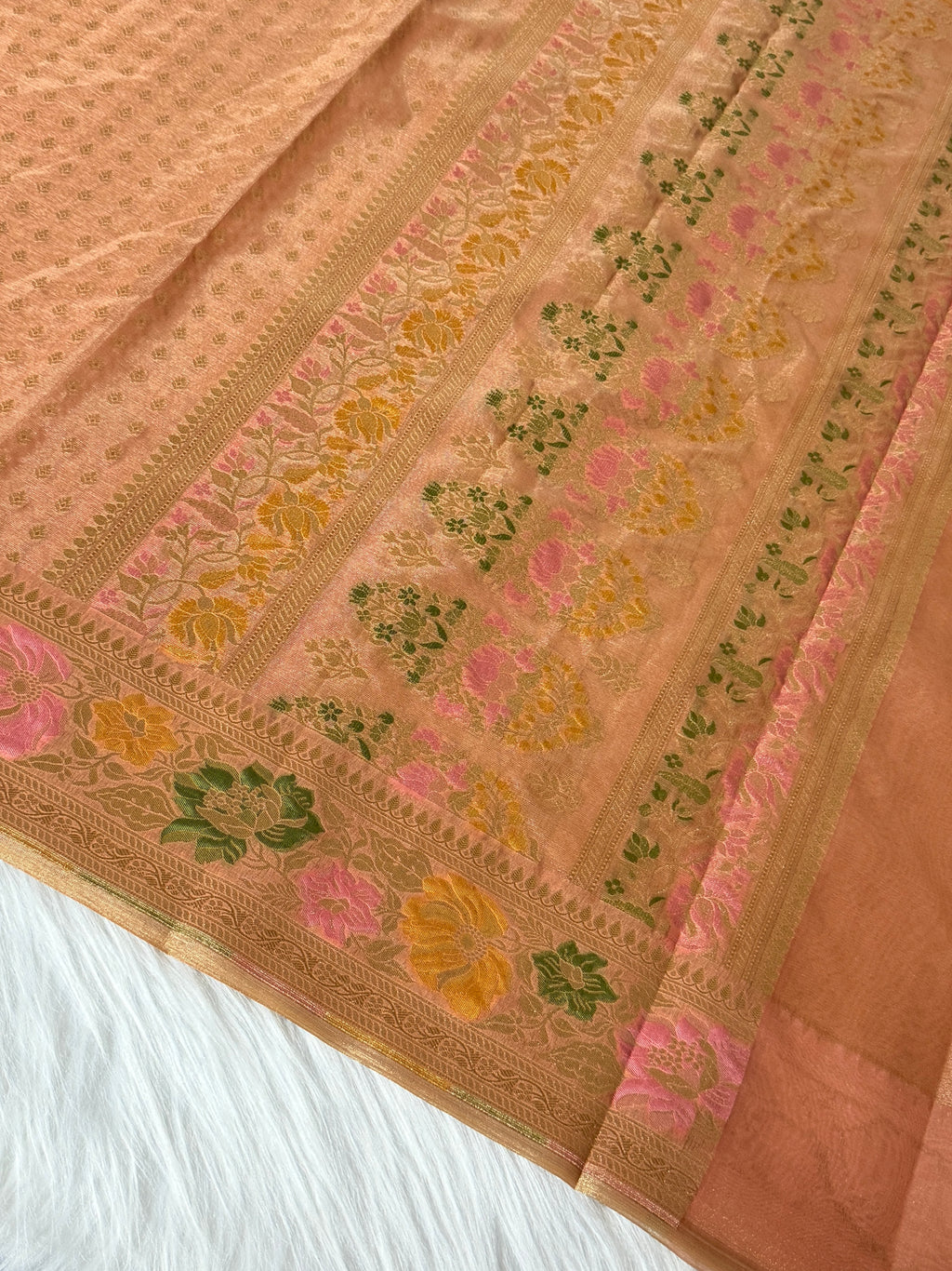 Peach Colour Kora Tissue Buti Saree with Sona Rupa Zari & Traditional Pallu
