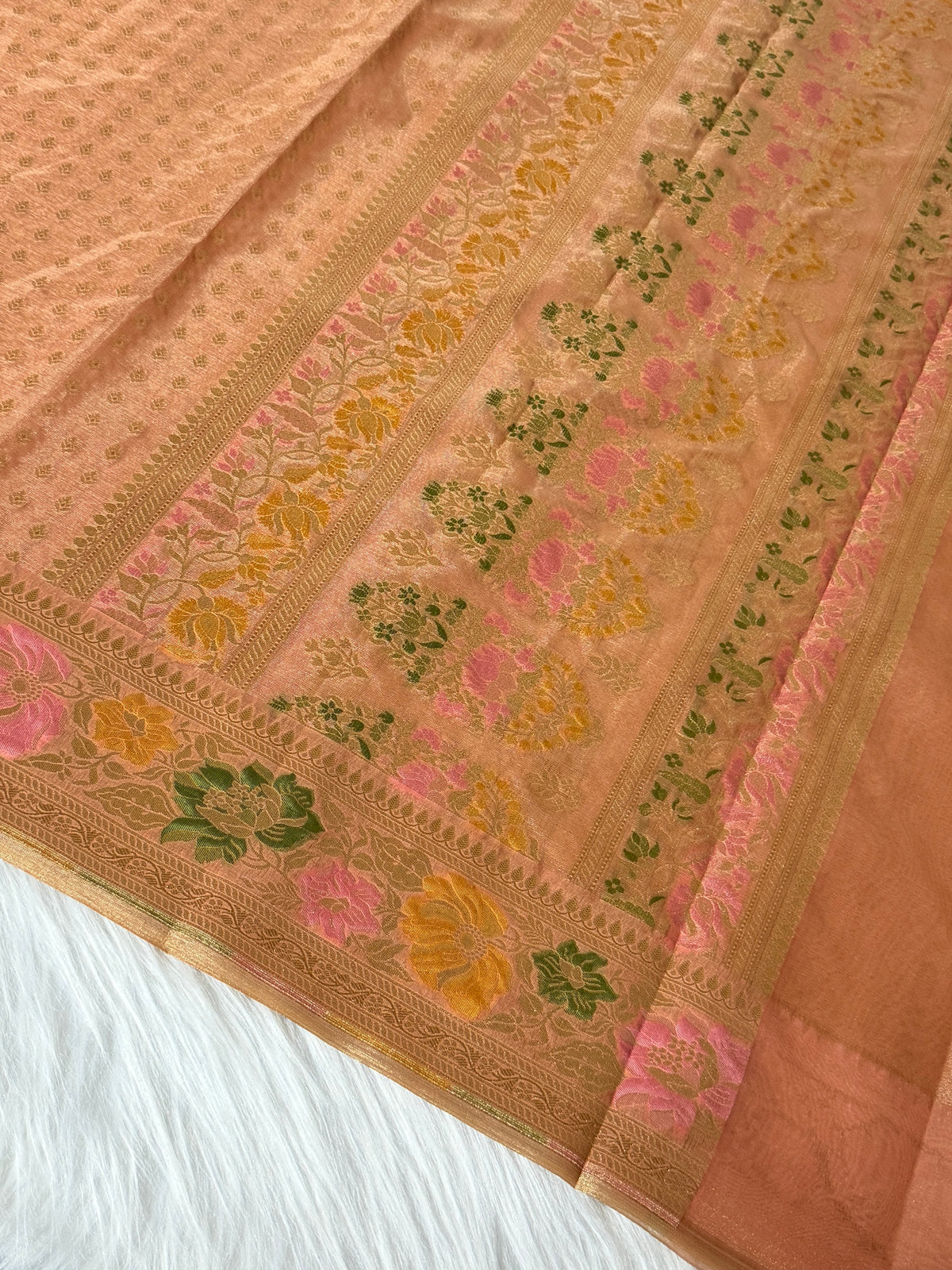 Peach Colour Kora Tissue Buti Saree with Sona Rupa Zari & Traditional Pallu