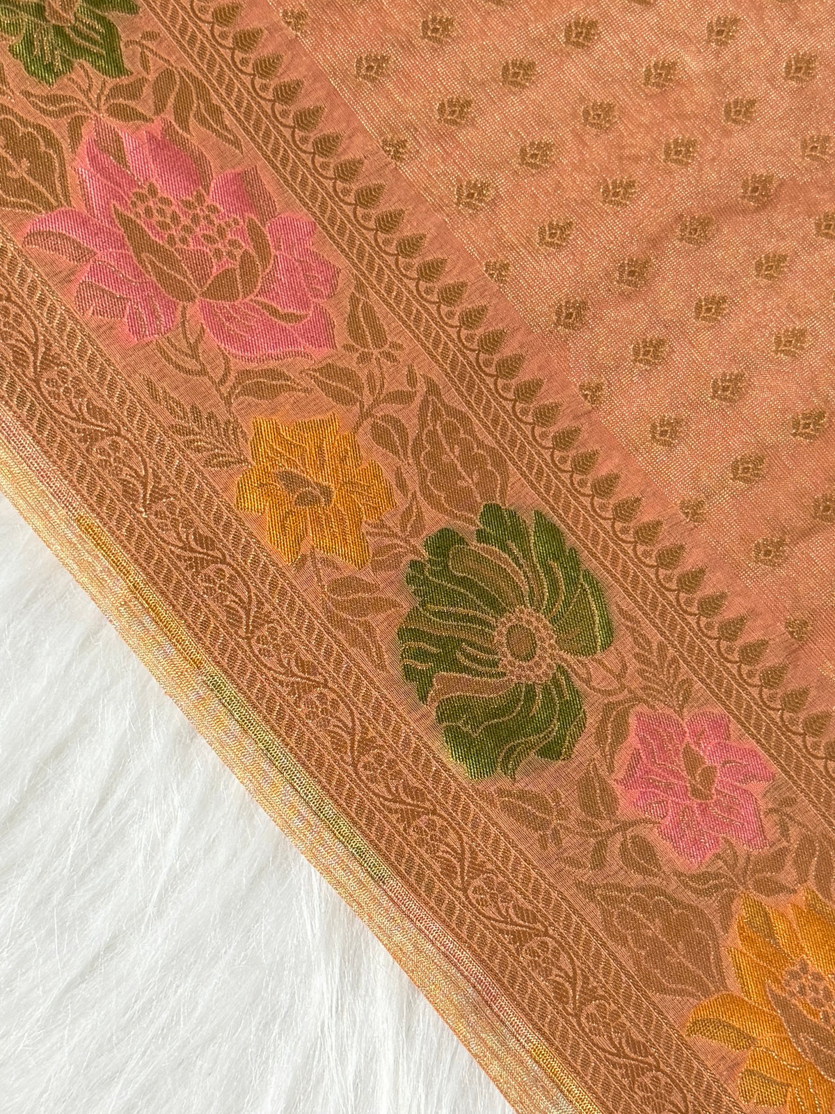 Peach Colour Kora Tissue Buti Saree with Sona Rupa Zari & Traditional Pallu