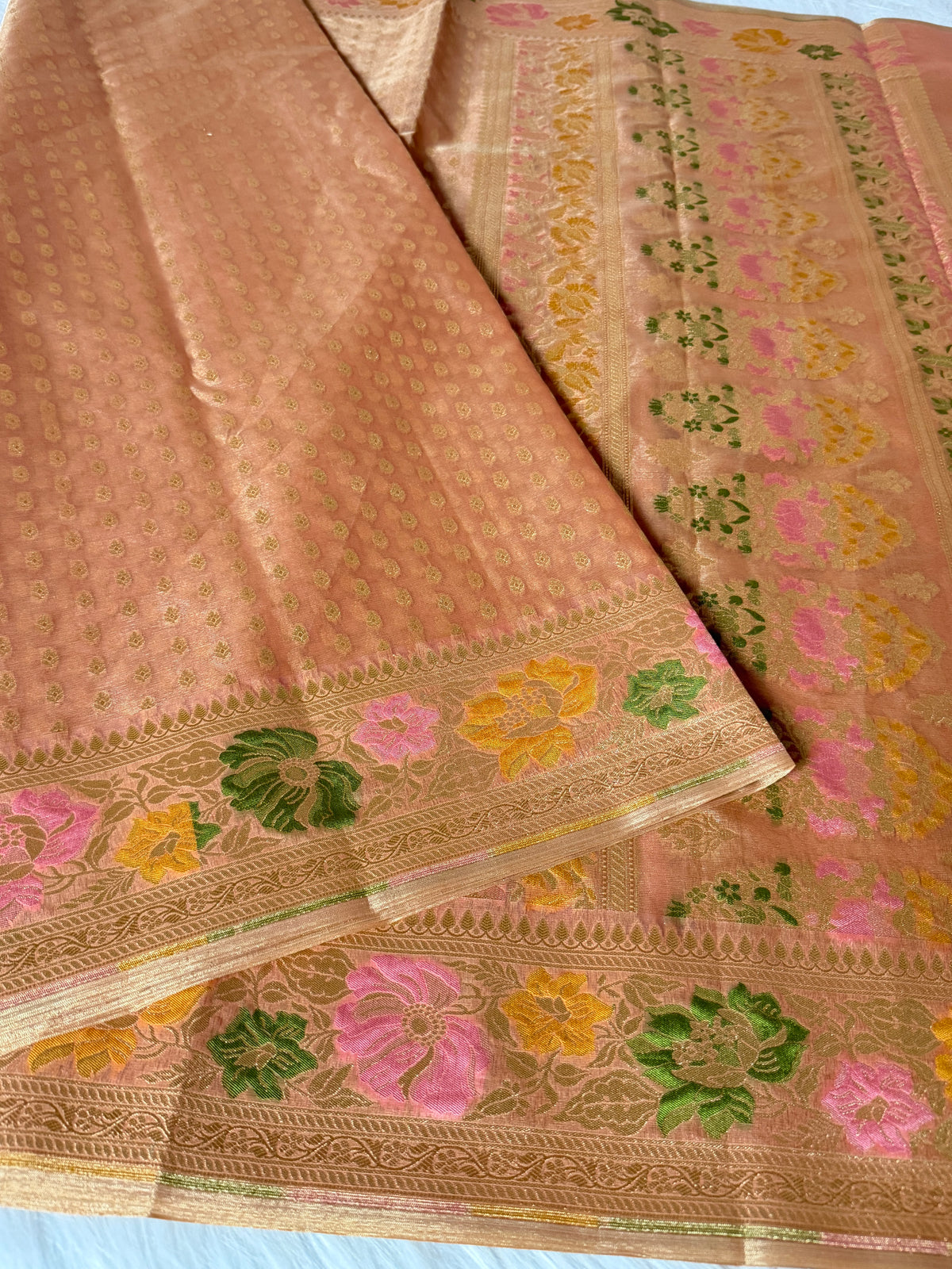 Peach Colour Kora Tissue Buti Saree with Sona Rupa Zari & Traditional Pallu