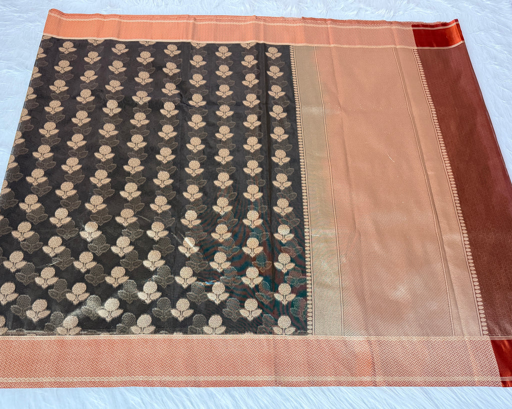 Black Banarasi Kora Tissue Saree with Satin Border & Traditional Pallu