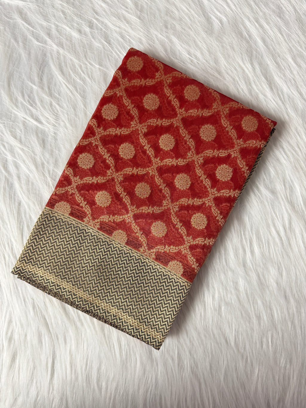 Red Banarasi Kora Tissue Saree with Satin Border &amp; Traditional Pallu