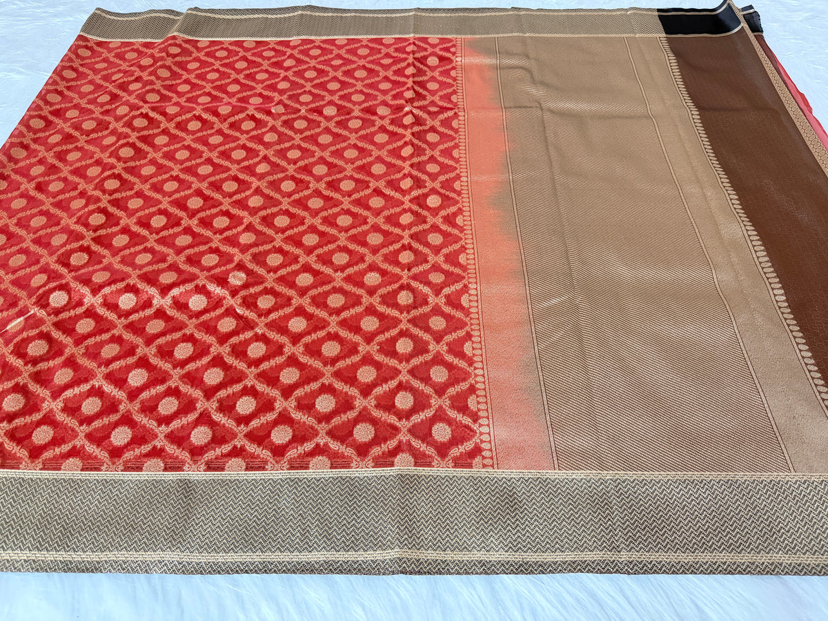 Red Banarasi Kora Tissue Saree with Satin Border &amp; Traditional Pallu