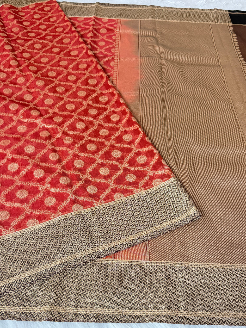 Red Banarasi Kora Tissue Saree with Satin Border &amp; Traditional Pallu