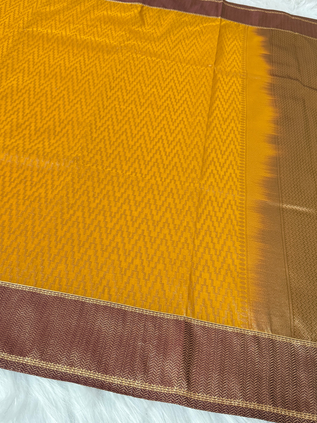Mustard Gold Banarasi Kora Tissue Saree with Satin Border & Traditional Pallu