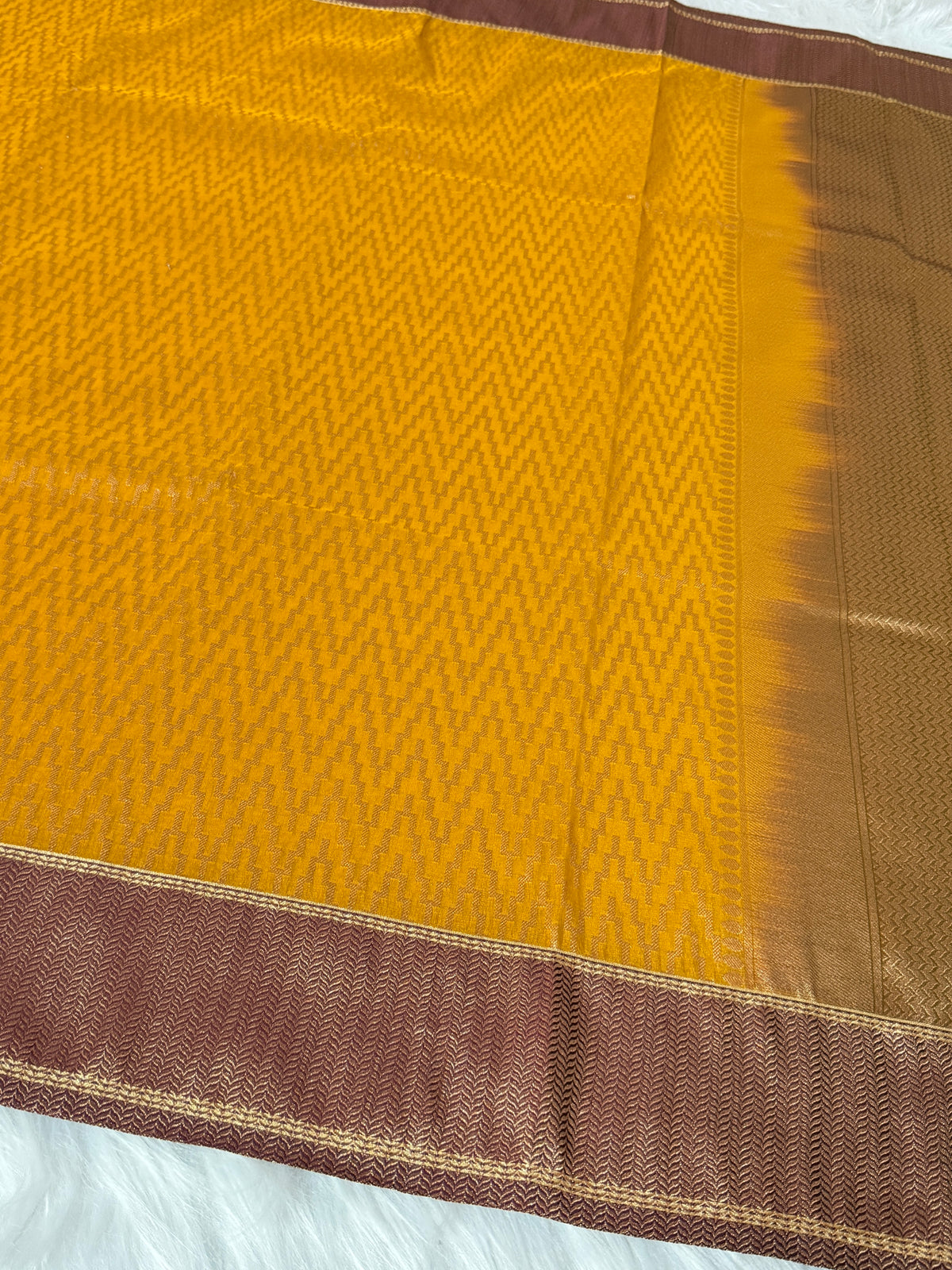 Mustard Gold Banarasi Kora Tissue Saree with Satin Border & Traditional Pallu