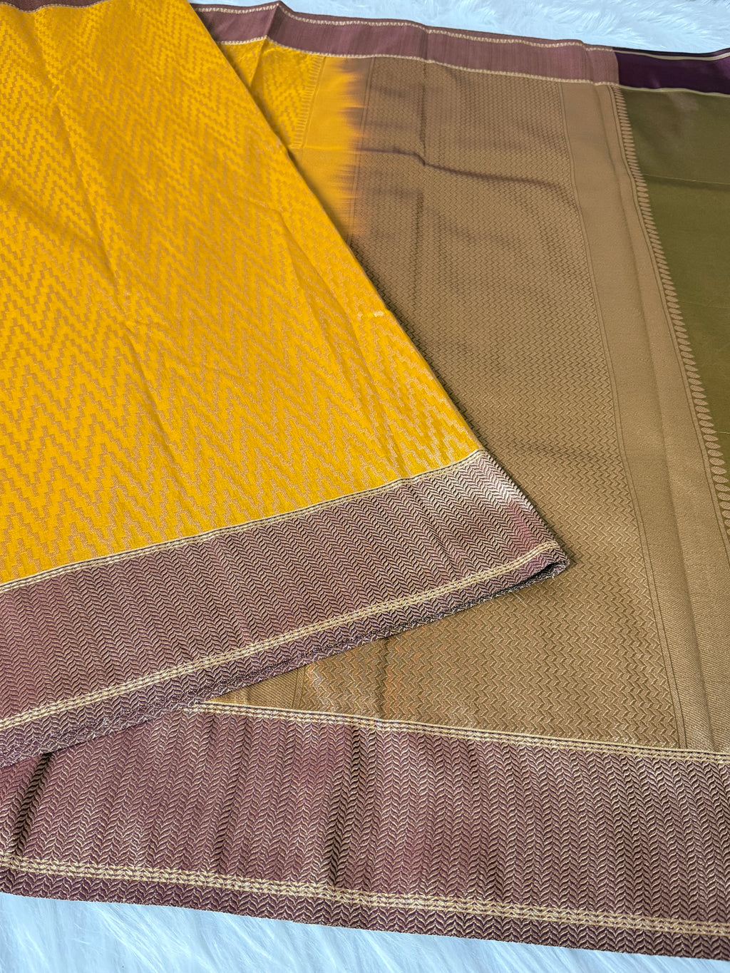 Mustard Gold Banarasi Kora Tissue Saree with Satin Border & Traditional Pallu