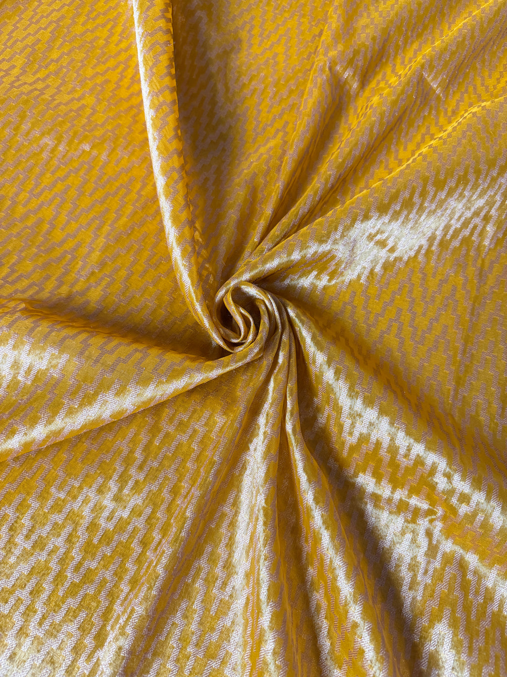 Mustard Gold Banarasi Kora Tissue Saree with Satin Border & Traditional Pallu