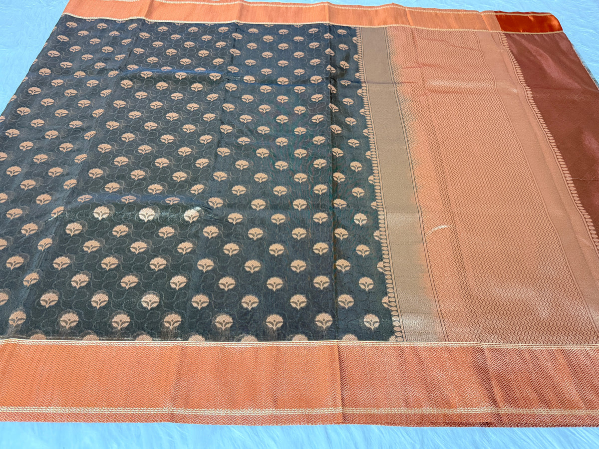 Black Banarasi Kora Tissue Saree with Satin Border & Traditional Pallu