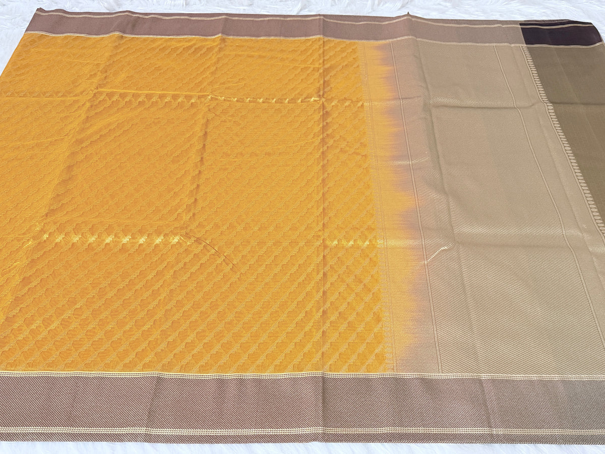 Mustard Gold Banarasi Kora Tissue Saree with Satin Border & Traditional Pallu