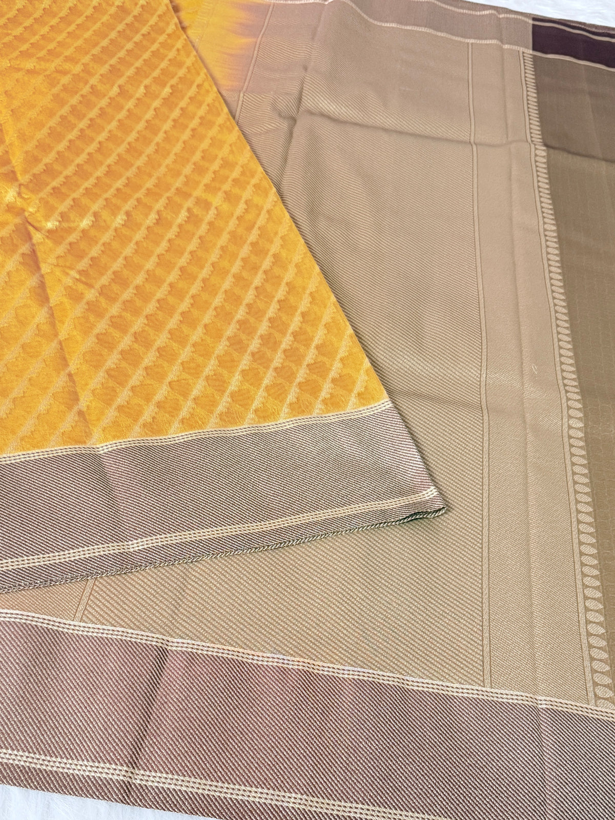 Mustard Gold Banarasi Kora Tissue Saree with Satin Border & Traditional Pallu