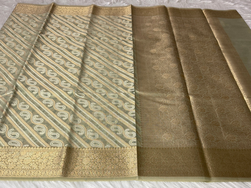 Sea Green Kora Tissue Saree with Traditional Pallu