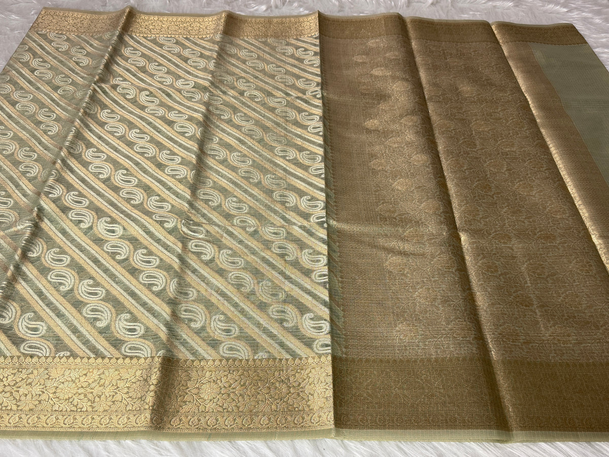 Sea Green Kora Tissue Saree with Traditional Pallu