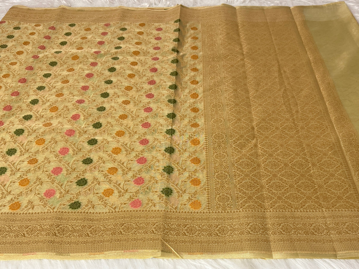 Pista Colour Kora Tissue Banarasi Saree