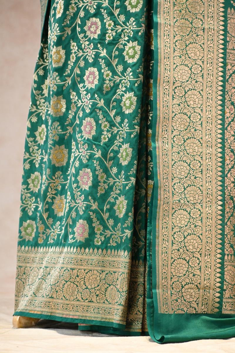 Green Banarasi Semi Kataan Silk Saree with Golden Zari