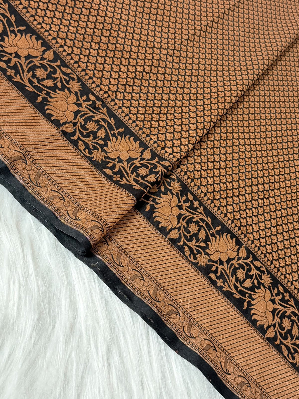 Beige Colour Kora Banarasi Saree with black Kadhiyal Multi Meena Border & Sona Rupa Zari Work