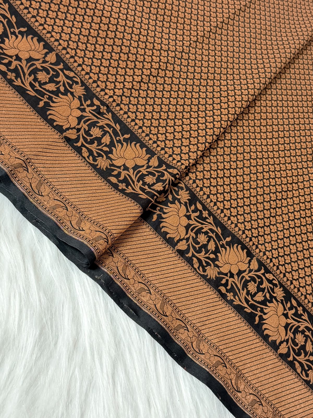 Beige Colour Kora Banarasi Saree with black Kadhiyal Multi Meena Border & Sona Rupa Zari Work