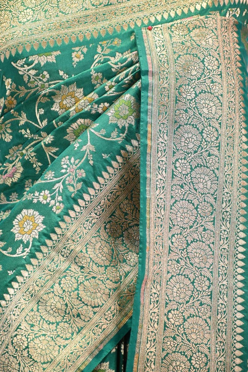 Green Banarasi Semi Kataan Silk Saree with Golden Zari