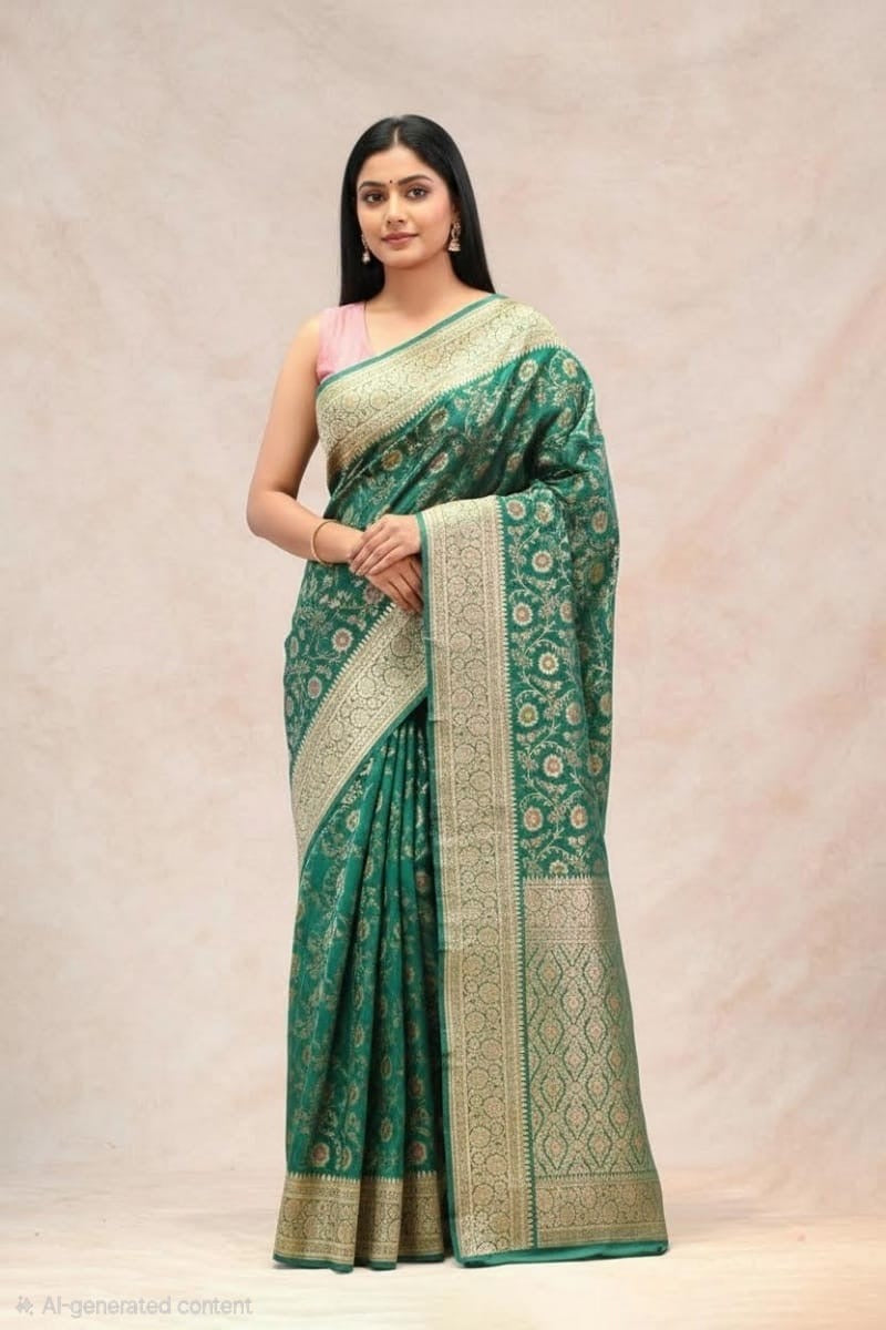 Green Semi Kataan Silk Banarasi Saree with Gold Zari Border