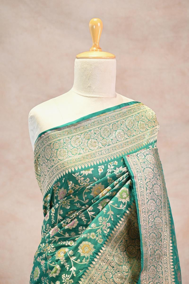 Green Banarasi Semi Kataan Silk Saree with Golden Zari