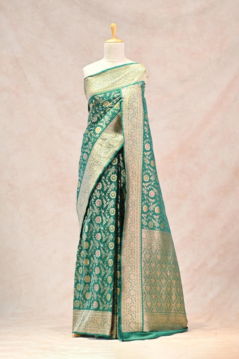 Green Banarasi Semi Kataan Silk Saree with Golden Zari