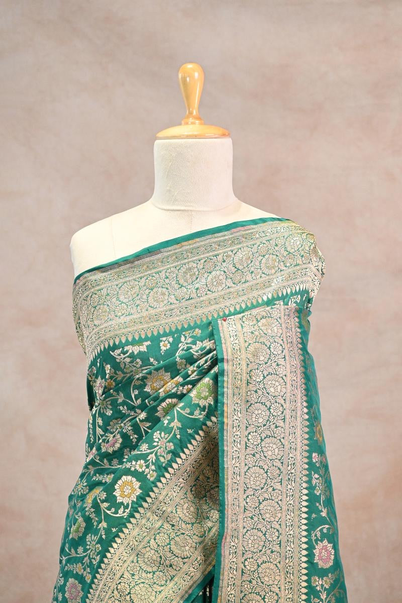 Green Banarasi Semi Kataan Silk Saree with Golden Zari